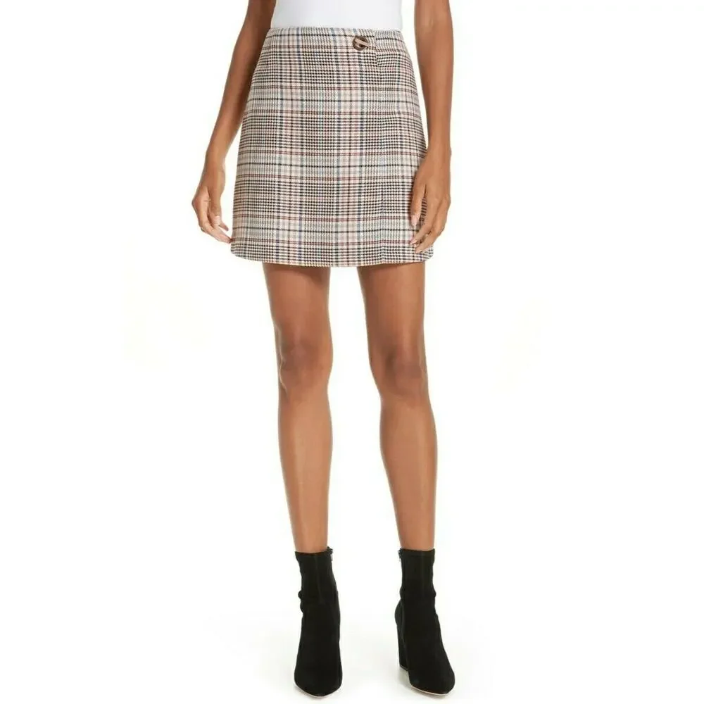 SANDRO Power plaid houndstooth check woven A-line high waist mini skirt 2 M NEW